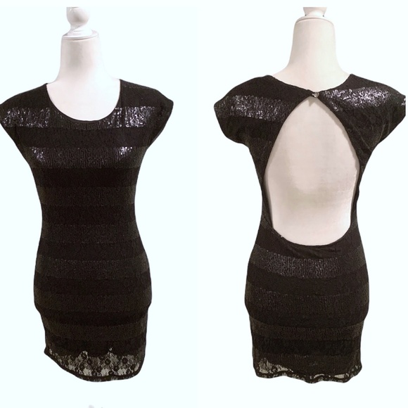Sequin Lace Stripe Open Keyhole Back Little Black Dress - Picture 1 of 9